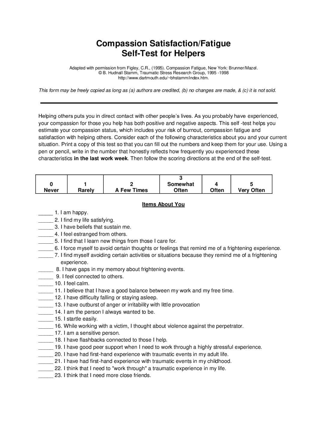 Compassion Satisfaction/Fatigue Self-Test for Helpers