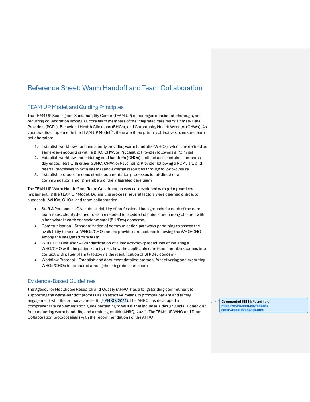 Warm Handoff & Team Collaboration Reference Sheet